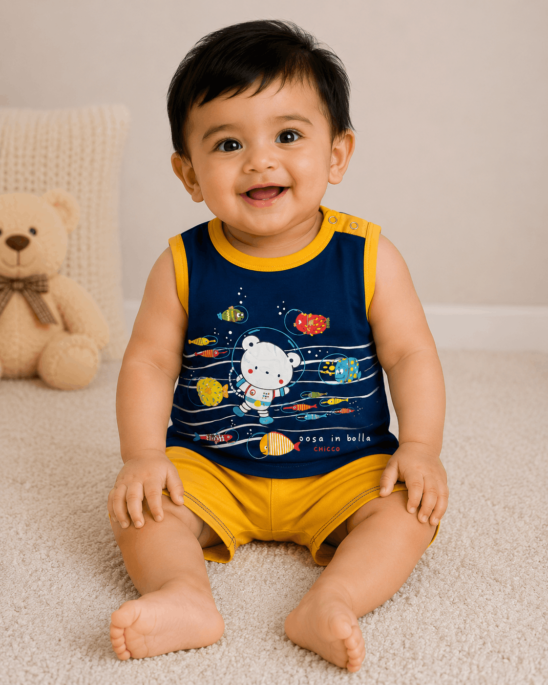 Baby Boys Underwater Bear Print Sleeveless Top – Navy Blue & Yellow