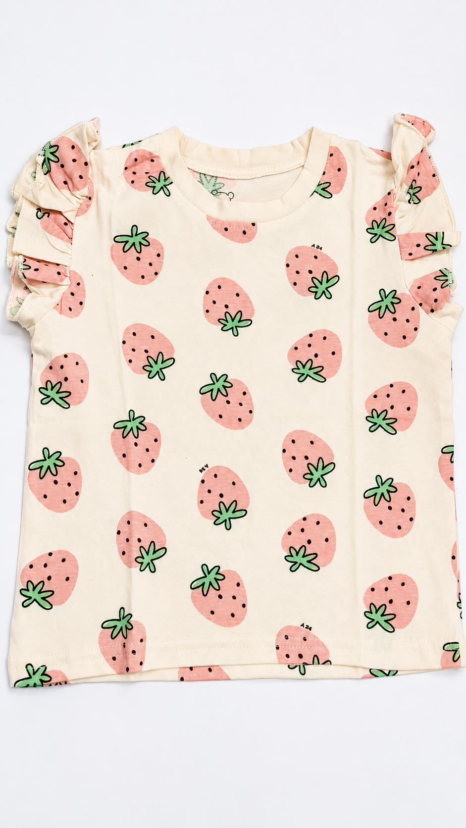 Baby Girls Strawberry Print Ruffle Sleeve T-Shirt – Cream & Pink