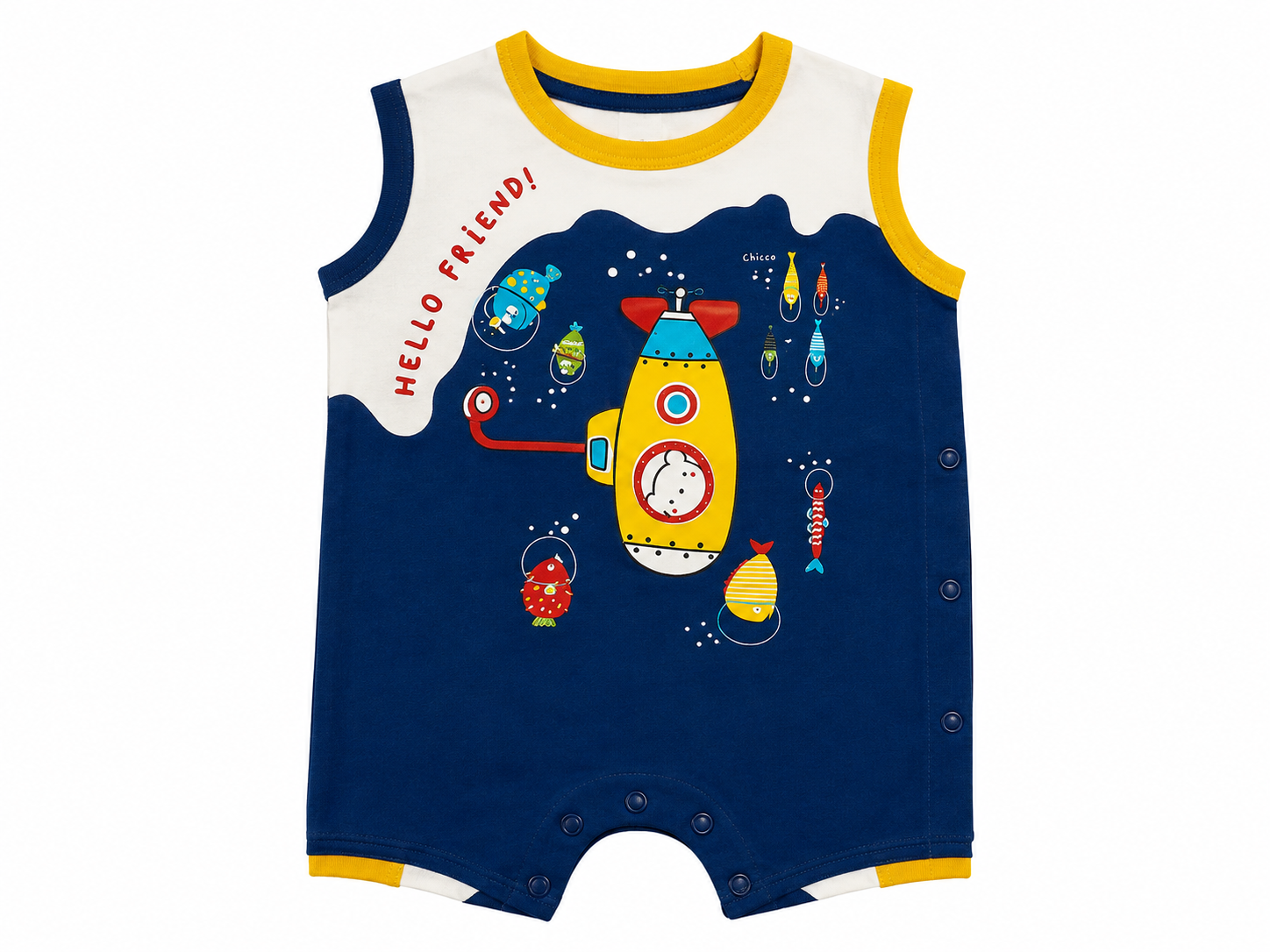 Baby Boys Underwater Rocket Print Sleeveless Romper – Navy Blue & Yellow