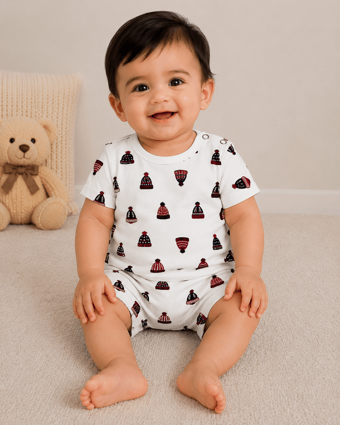 Baby Boys Winter Beanie Print T-Shirt & Shorts Set – White