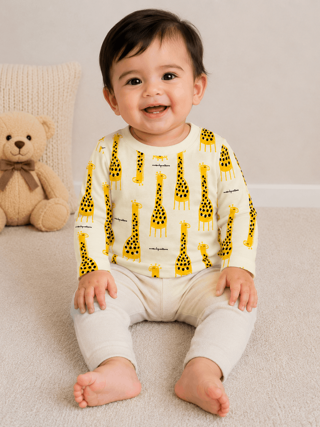 Baby Giraffe Print Full Sleeve T-Shirt – Cream Yellow
