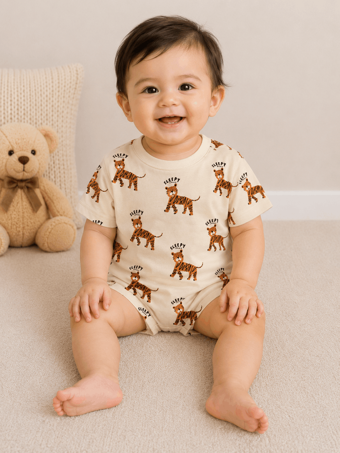 Baby Unisex Sleepy Tiger Print T-Shirt – Cream