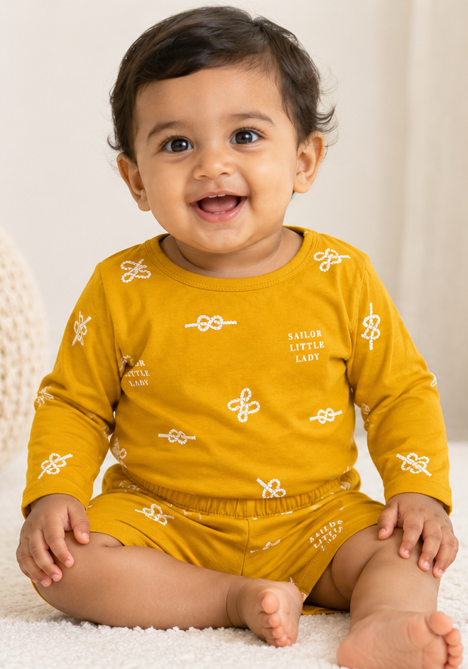Baby Girls Sailor Little Lady Printed T-Shirt & Shorts Set – Mustard Yellow